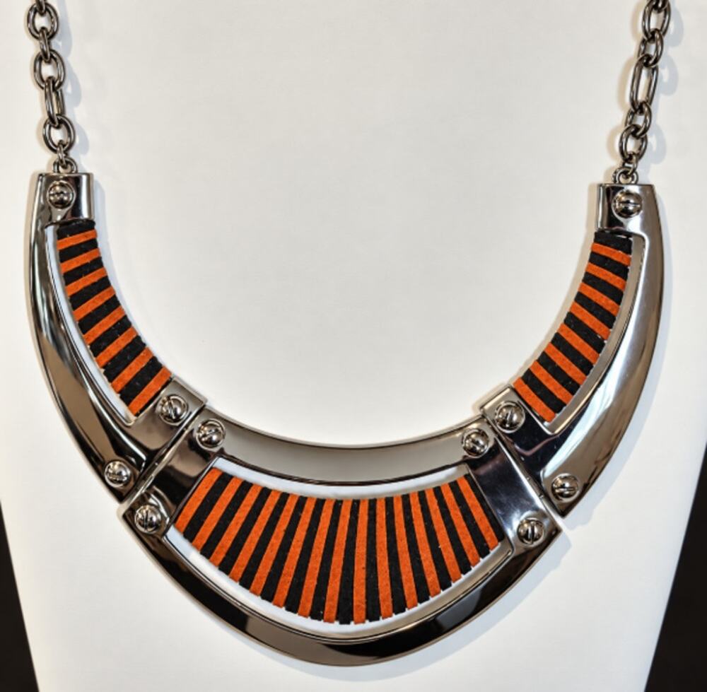 Statement Bib Necklace Dark Metallic Finish & Contrasting Suede Strip Insets